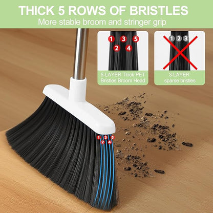 BSKLIN Broom and Dustpan Set, Broom with Dustpan Combo Set with Teeth to Clean Pet Hair 52-in Long Adjustable Handle Broom for Home Office Kitchen Lobb (Green)