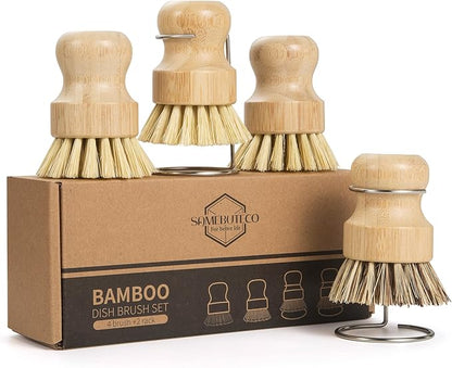 SAMEBUTECO 6-Piece Bamboo Dish Brush Set with 2X Fast-Dry Stainless Steel Holder,3xNatural Sisal Bristle Brush & 1xPalm Bristle Kitchen Cleaning Brushes for Dishes, Pots, Pans & Sink