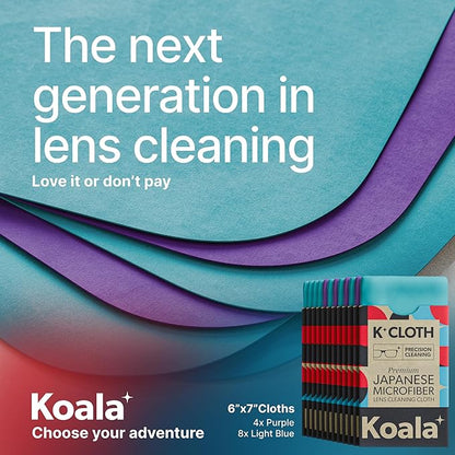 Koala Lens Cleaning Cloth | Japanese Microfiber | Glasses Cleaning Cloths | Eyeglass Lens Cleaner | Eyeglasses, Camera, VR/AR Headset, and Screen Cleaner | Blue & Purple (Pack of 12)