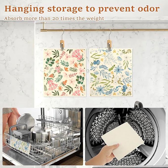 5Pcs Swedish Dishcloths for Kitchen, Quick-Drying Reusable Paper Towels, Absorbent Washable Kitchen Dish Rags, Soft Cellulose Sponge Cloths for Countertop Sink Flower Bird (5pcs Flowers)