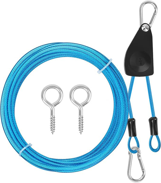 20FT Retractable Travel Clothesline, Adjustable Outdoor Clothesline Drying Clothes Line Laundry for Travel Camping, with Ratchet Pulley/ 2 Screws/ 2 Buckles (Blue)