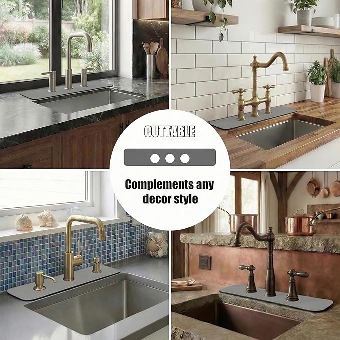 2PCS Faucet Mat for Bathroom Sink 3 Holes: 24’’Lx4.5’’W Grey Splash Guard Fits 8 Inch Widespread Farmhouse Vintage Bridge Kitchen Vanity Faucet - Customizable Drip Catcher for Irregular Sink