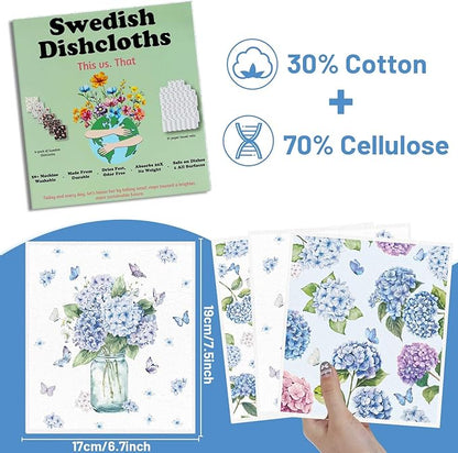 Floral Swedish Dishcloths for Kitchen, 6 Pack Blue Hydrangea Reusable Dish Paper Hand Towels Housewarming Gifts, Spring Absorbent Dish Rags for Home Cooking Cleaning