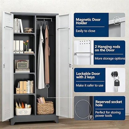 Metal Storage Cabinet 72" Tall, Garage Storage Cabinet with Lockable Doors & Shelves, Utility Broom Closet, Steel Tool Cabinet for Garage, Laundry Room, Home Office, Grey/White