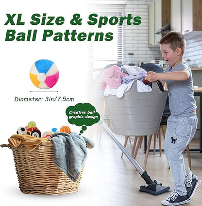 Wool Dryer Balls XL Size 6 Pack - Fun Dryer Balls with Ball Patterns Cute Dryer Balls Laundry Reusable Anti Static Handmade New Zealand Wool Balls (Ball Patterns with Primitive Color)