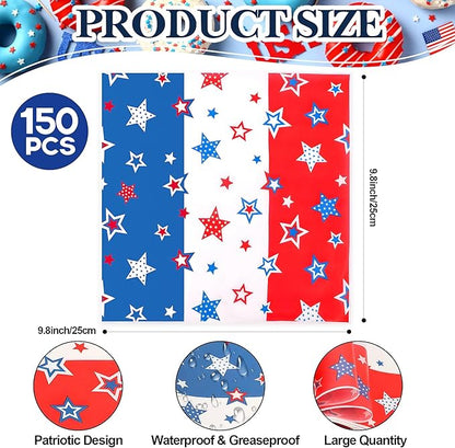 FOIMAS 150pcs Patriotic Wax Paper,9.8 x 9.8 Inch 4th of July Food Deli Paper Star Sandwich Basket Liner for Independence Day Picnic Patriotic Party Kitchen Supply