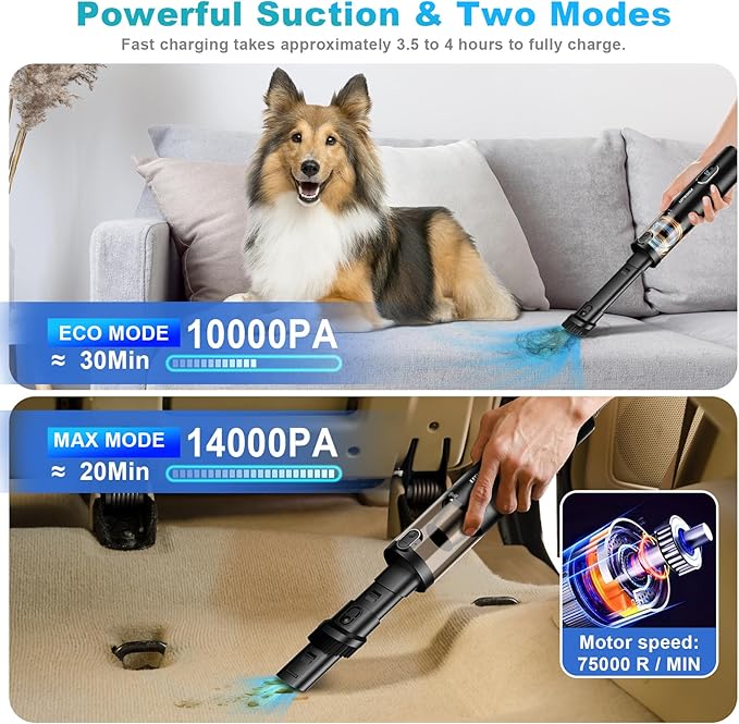 Upbooz Car Vacuum, Handheld Vacuum Cordless with 14000PA Powerful Suction with LED Light, Air Duster 2-in-1,Low Noise Rechargeable Portable Vacuum Cleaner for Car Home Pet Office