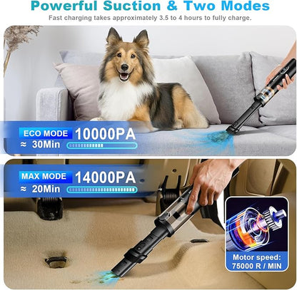 Upbooz Car Vacuum, Handheld Vacuum Cordless with 14000PA Powerful Suction with LED Light, Air Duster 2-in-1,Low Noise Rechargeable Portable Vacuum Cleaner for Car Home Pet Office