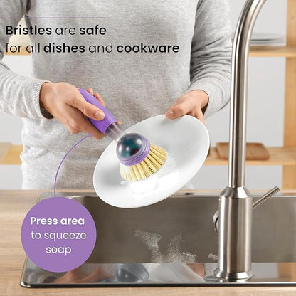 Vigar Rengo Dish Brush with Soap Dispenser - Dish Scrubber with Handle, Kitchen Scrub Brush for Dishes, Sink Cleaning Brush, Soap Dispensing Dish Wand with Nylon Bristles, Non Scratch - Purple