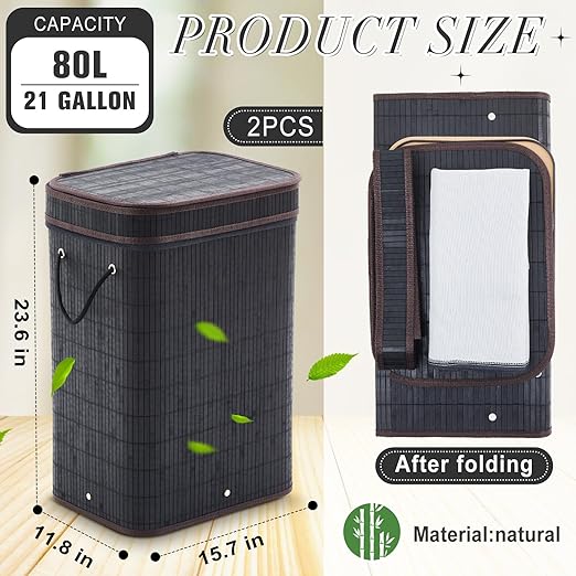 2 Pack 21 Gallon Bamboo Slim Trash Can with Lid Large Foldable Slim Rectangular Garbage Can Laundry Basket Bamboo Waste Basket for Bathroom Bedroom Office Home Salon Spa (Black)