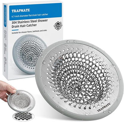 TRAPAMTE Shower Drain Hair Catcher, 4.7" Fast Drainage Shower Drain Cover, Anti-Slip Stainless Steel Drain Protector for US Standard Flat Drains of Bathroom Floor and Shower Room (Patented Product)