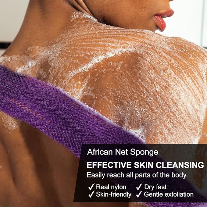 2 Pack Soap Saver Bags for Soap Bars, Exfoliating Bar Soap Scrubber Pouch for Shower, Exfoliating Body Scrubber, Come with 1 African Net Sponge for Full-Body Gentle Cleansing, Black & Pink