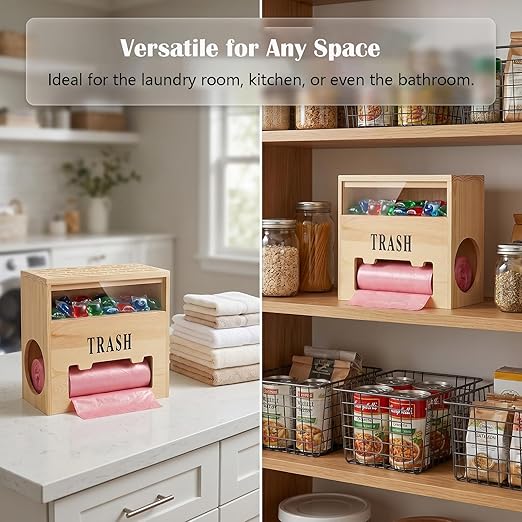 Wooden 2-in-1 Trash Bag Dispenser & Dishwasher Laundry Pods Container, Large Trash Bag Holder with Magnetic Flip Lids, Garbage Bag Dispenser for Kitchen Pantry Laundry Room Under Sink Organizer