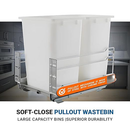 Rok Hardware Soft Closing Undermount Kitchen Cabinet Heavy Duty Pull Out Organizer Trash and Recycling Center with White Finish Dual 36 Quart Capacity Waste Recycle Bins Garbage Can, ROKRECYCLE3