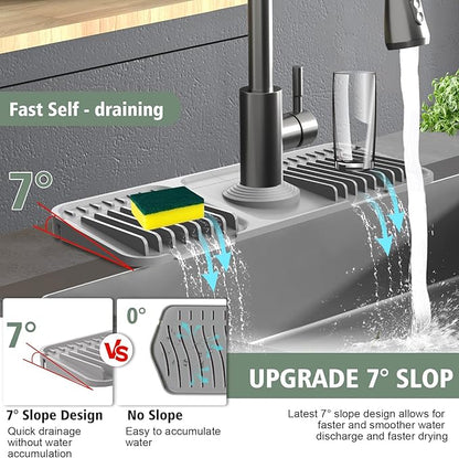 14.6-Inch Kitchen Sink Splash Guard Mat | 7° Slope for Fast Self-Draining | Snap-Lock Design | Universal & Cuttable Silicone Faucet Mat GRAY