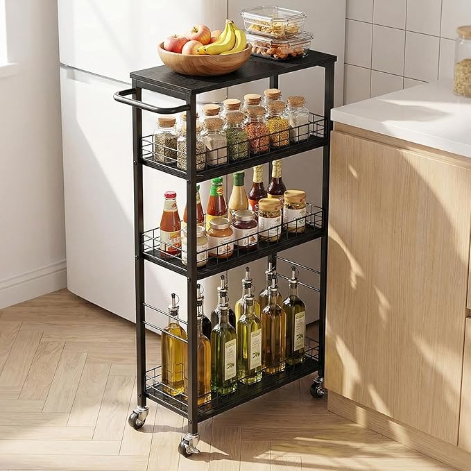 YBING Slim Storage Cart Kitchen Rolling Utility Cart on Wheels 4 Tier Mobile Narrow Cart with Wood and Metal Handle Slide Out Storage Shelving Unit Cart for Kitchen Living Room Small Places Black