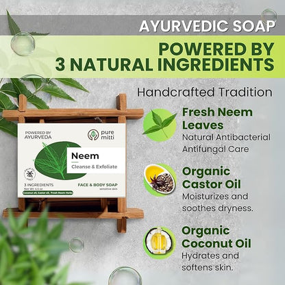 Neem Soap Bars [4.5 oz x 3 Pcs.] Organic Ayurvedic Soap for Face & Body with Neem, Castor Oil & Coconut Oil – Cold Process, Plastic-Free, Herbal Cleansing