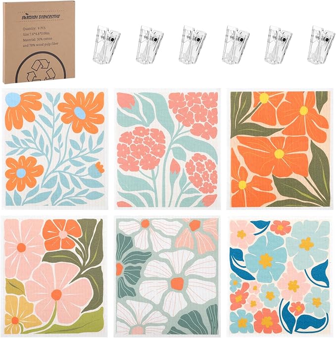 Needbrock 6 Pack Swedish Dishcloths for Kitchen,Abstract Floral Dish Towels with Clips, Reusable Paper Towels Washable Absorbent Cellulose Sponge Cloths No Odor for Cleaning Home Kitchen