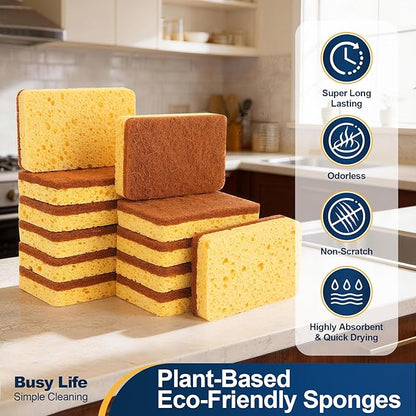 Yocada Cellulose Sponge 12 Pack Biodegradable Natural Kitchen Sponge Dual-Action Cleaning Sponge Compostable Cellulose and Coconut Walnut Non-Scratch Scrubber Sponge for Dishes Pans Pots