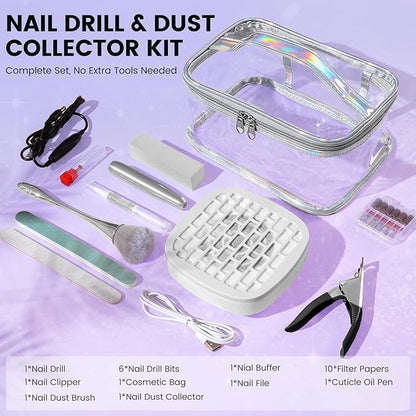 Nail Drill with Dust Collector Kit: 20000RPM Professional Electric Nail File for Acrylic Gel Removal, Manicure Pedicure Polishing, Complete Nail Tool Set in Cosmetic Bag for Home Beginners (Silver)