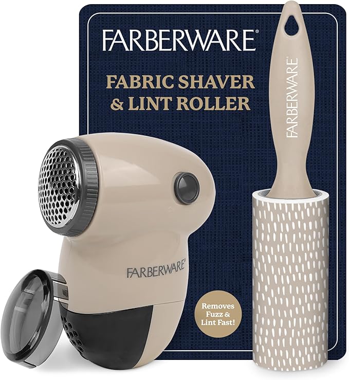 Farberware Fabric Shaver & Lint Remover Set – Battery Operated Sweater Shaver with Triple Blades and Extra Sticky Roller for Pet Hair, Fuzz & Pilling on Clothes, Upholstery & Bedding