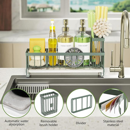 Cisily Extra Large Sink Caddy Organizer with Drying Stone, Sage Green Sponge Holder for Kitchen, Dish Brush Holder for Countertop, Kitchen Decor Storage and Essentials