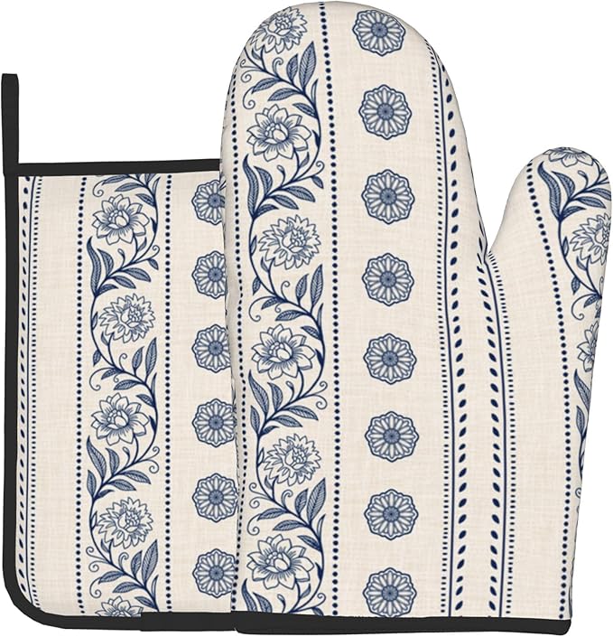 Boho Oven Mitts Set – Vintage Floral Pot Holders Kitchen Gloves for Women Bohemian Kitchen Mitts Potholders Set of 2 Durable for Cooking & Baking