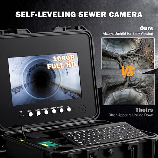 ZELCAN 10.1" Self-Leveling Sewer Camera with 512Hz Locator,Sewer Inspection Camera with 300 ft. Cable & Digital Length Counter, Rechargeable Drain Pipe Camera with Keyboard Wheels 12 LED Lights