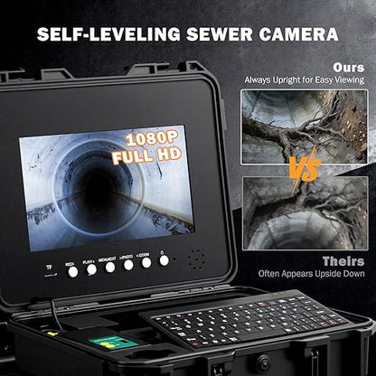 ZELCAN 10.1" Self-Leveling Sewer Camera with 512Hz Locator,Sewer Inspection Camera with 300 ft. Cable & Digital Length Counter, Rechargeable Drain Pipe Camera with Keyboard Wheels 12 LED Lights