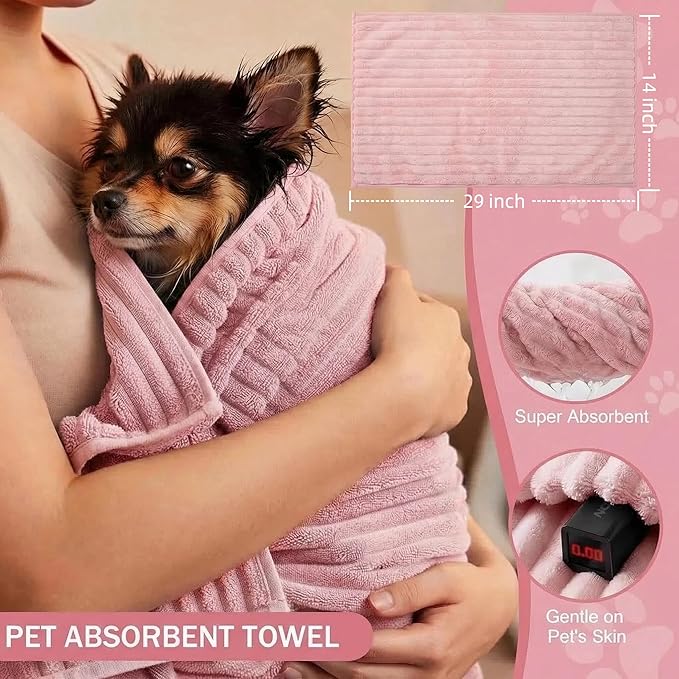 4PCS Dog Bath Kit & Dog Brush Kit for Dogs & Cats - Professional Pet Grooming Tools Set with Shedding Brush, Bath Scrubber, Dematting Comb & Storage Bag - Complete Dog Washing Essentials, Pink