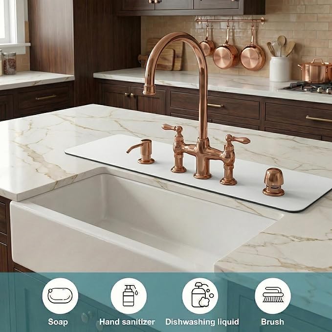 2PCS Faucet Mat for Bathroom Sink 3 Holes: 24’’Lx4.5’’W White Splash Guard Fits 8 Inch Widespread Farmhouse Vintage Bridge Kitchen Vanity Faucet - Customizable Counter Protector for Irregular Sink