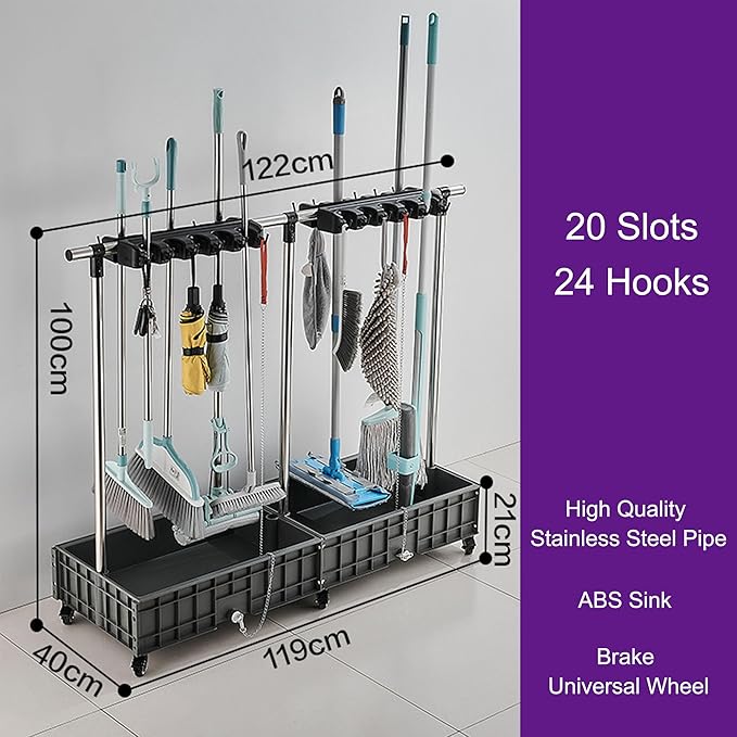 Mop and Broom Holder Cleaning Supplies Mop Bucket Garden Tool Organizer Cleaning Carts on Wheels Freestanding Broom Closet Storage Cabinet Mop Sink for Ho(One Color-20 Slots 24 Hooks