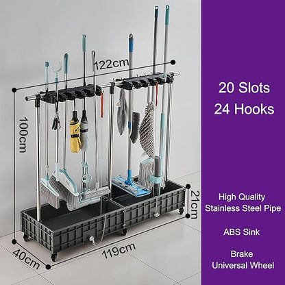 Mop and Broom Holder Cleaning Supplies Mop Bucket Garden Tool Organizer Cleaning Carts on Wheels Freestanding Broom Closet Storage Cabinet Mop Sink for Ho(One Color-20 Slots 24 Hooks