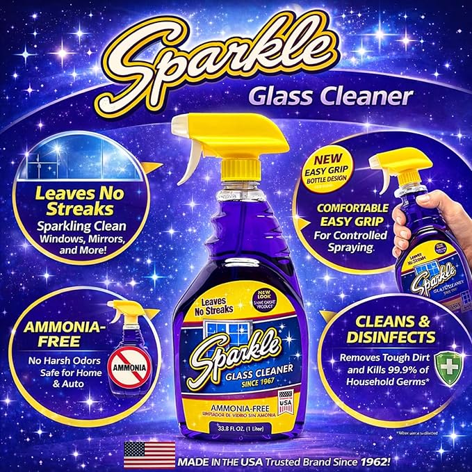 Sparkle Glass Cleaner, Ammonia-Free Streak-Free Formula, 33.8 fl oz Spray Bottle, Safe for Windows, Mirrors & Glass Surfaces (Pack of 6)