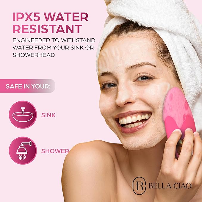 Bella Ciao 12-Speed Gentle Facial-Cleansing Brush, Rechargeable Silicone Face Scrubber, Deep-Cleaning and Exfoliating Face-Wash Brush, Water-Resistant Design, Pink