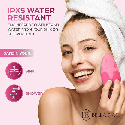 Bella Ciao 12-Speed Gentle Facial-Cleansing Brush, Rechargeable Silicone Face Scrubber, Deep-Cleaning and Exfoliating Face-Wash Brush, Water-Resistant Design, Pink