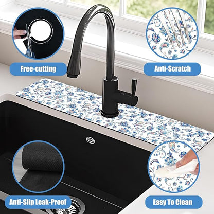 Sink Splash Guard Faucet Mat Paisley Flowers Tulips Leaves Absorbent Fast Drying Mat Sink Gadgets Splash Guard Behind Faucet Drip Catcher for Kitchen Bathroom 23.5"X5.5"