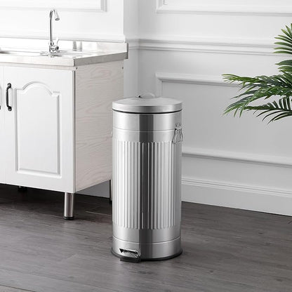 happimess HPM1018E Theo Retro 8-Gallon Step Trash Can with Soft-Close Lid and Free Mini Trash Can for Home, Kitchen, Bathroom, Living Room, Office, Platinum Silver