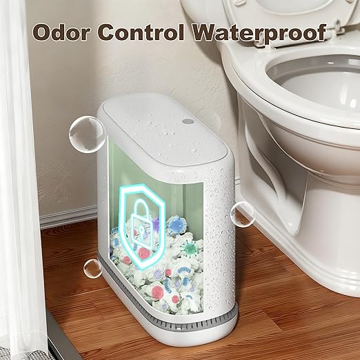 Spreezy Bathroom Trash Can with Lid, 2.3 Gallon/8.6 L Small Trash Can, Pneumatic Adhesion Style Garbage Can for Kitchen, Bedroom, Living Room, Office, Trash Bin Includes 5 Rolls of Trash Bags