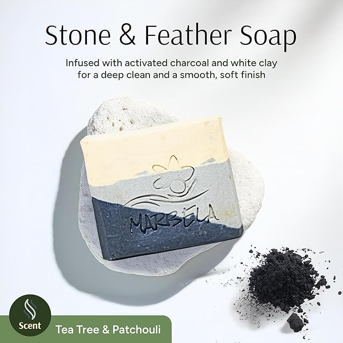 Marbela Cosmetics Handmade Soap Bar - Made in USA, Vegan Friendly, Palm Oil Free, Natural Bar Soap - Gentle Face & Body Soap for Daily Skin Care, Moisturizing & Nourishing - 3.5 oz (Stone & Feather)