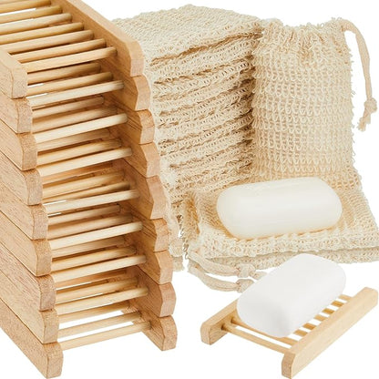Rtteri 120 Pcs Soap Saver Bags & Bamboo Soap Holder Set Exfoliating Sisal Soaps Washing Bags Self Draining Wooden Bar Soaps Dish for Shower Bath Toilet Kitchen Restaurant
