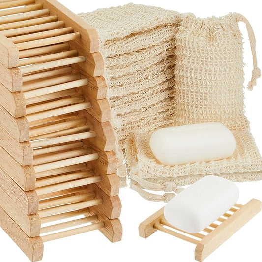 Rtteri 120 Pcs Soap Saver Bags & Bamboo Soap Holder Set Exfoliating Sisal Soaps Washing Bags Self Draining Wooden Bar Soaps Dish for Shower Bath Toilet Kitchen Restaurant