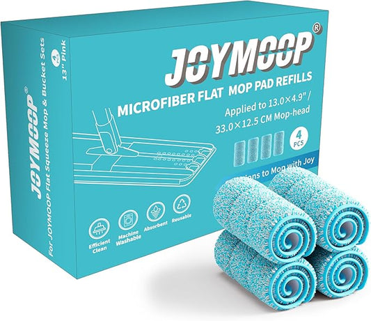 JOYMOOP Microfiber Mop Pads Replacement for JOYMOOP Flat Mop Bucket Set, Pack of 4 Refills 13-inch - Grey & Cyan Blue
