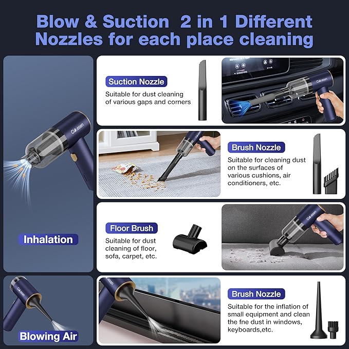 Car Vacuum Portable 4 in 1 Vacuum Cleaner 12000Pa Mini Handheld Vacuum Cordless Rechargeable 120W High Power Vacuum Cleaner & Air Duster Multi-Nozzles for Car Home Office Pet