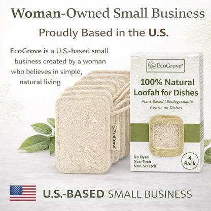 Natural Loofah Dish Sponges 4 Pack – 100% Plant-Based Luffa Scrubber for Dishes, Pots & Nonstick Pans – Compostable, Non-Scratch Kitchen Sponge for Sink, Tile & Everyday Cleaning (Travel)