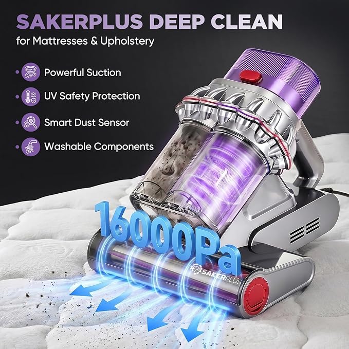 SakerPlus Powerful Bed Vacuum Cleaner, 350W Corded Mattress Vacuum with 2-Cup System,Smart Dust Sensor,Washable Dust Cup & Roller Brush, 16.4 ft Cord, for Mattress, Sofa