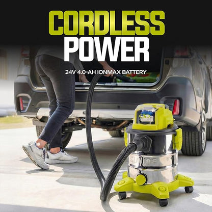 Sun Joe Cordless Vacuum Cleaner, Stainless Steel Wet or Dry Kit with Battery, Charger, Brush, Nozzle & Tubes, 24V, 5.3 Gallon - Vacuuming Machine for Home, Garage and Outdoor Cleaning, 24V-WDV6000