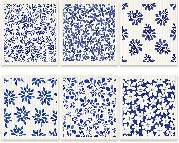 Cunhill 6 Pcs Swedish Kitchen Dish Cloths Kitchen Towels Reusable Sponge Cleaning Cloths Wipes Absorbent Dish Cloth Quick Drying Decor (Blue Leaves)