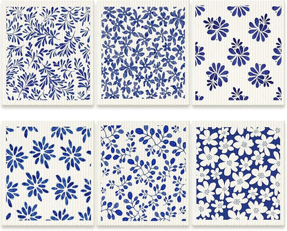 Cunhill 6 Pcs Swedish Kitchen Dish Cloths Kitchen Towels Reusable Sponge Cleaning Cloths Wipes Absorbent Dish Cloth Quick Drying Decor (Blue Leaves)