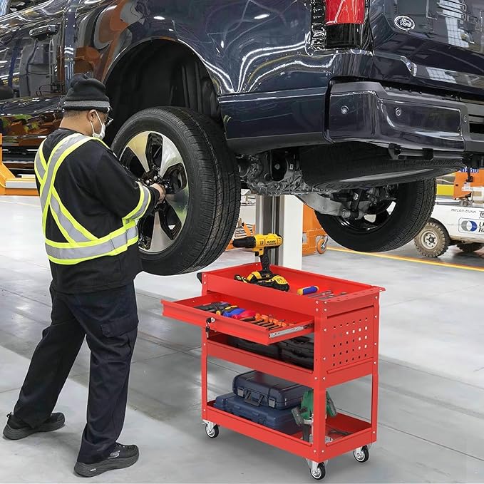 3 Tray Rolling Tool Cart with Drawers, 400 LBS Capacity Mechanic Tool Cart on Wheels, Heavy Duty Utility Cart with Pegboard for Garage, Warehouse and Repair Shop, Red